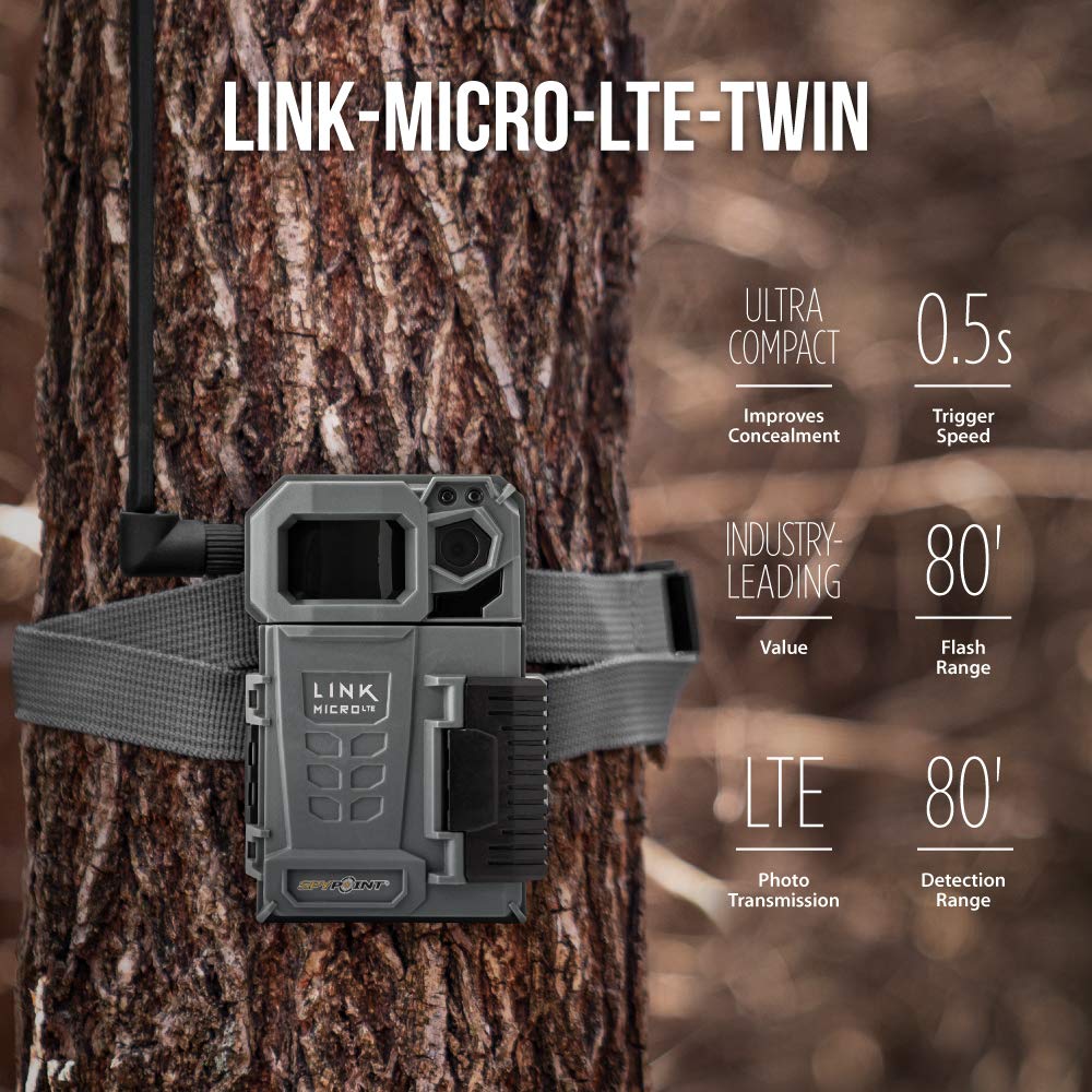 SPYPOINT LINK-MICRO-LTE TWIN PACK of Cellular Trail Cameras 10MP with Low-Glow LEDs for Quality Nighttime Photos, 80’ flash and detection range, 4G/LTE photo transmission (LINK-MICRO-LTE-V-TWIN) (7576928485614)